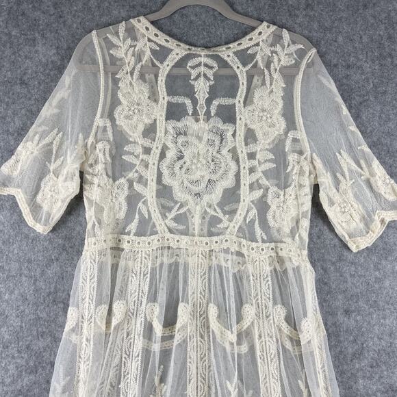 Woven Heart Lace Boho Dress Womens Medium Ivory Sheer Mesh Embroidered Fairy NEW - Picture 12 of 15